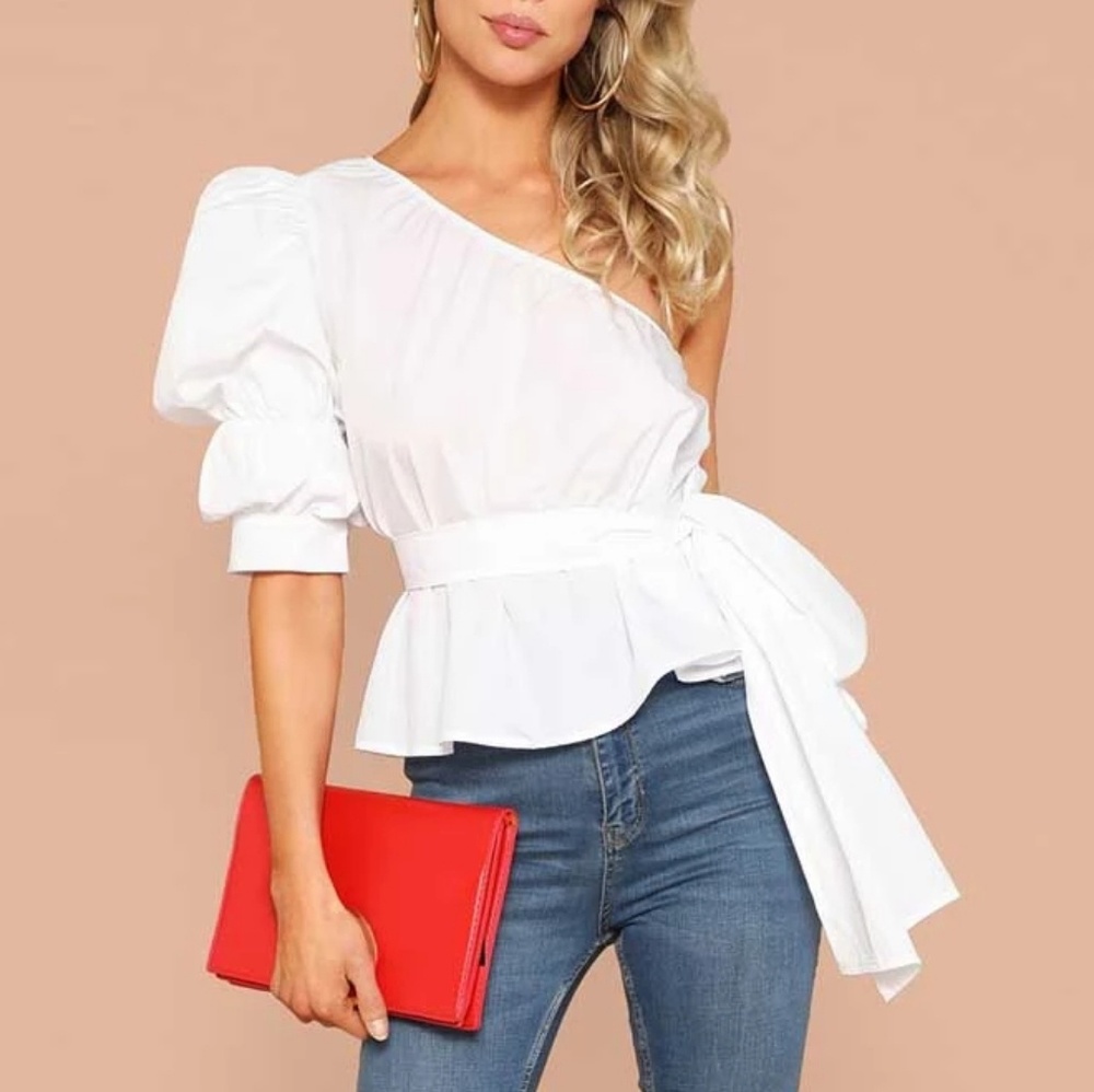 Puff Sleeve One Shoulder Belted Blouse
